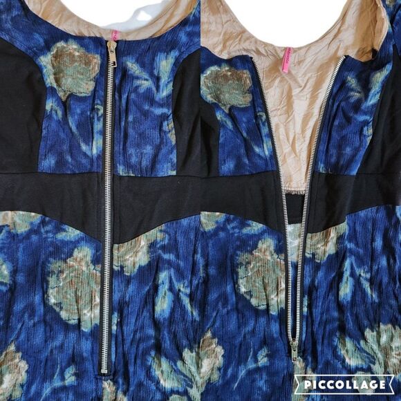 Super Lucky Cat blue black floral zip front short sleeve dress sz S - Picture 7 of 10
